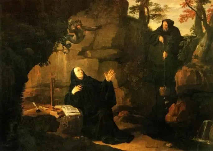 Episody z życia świętego Benedykta: Święty Benedykt karmiony przez brata Romaina - Philippe de Champaigne