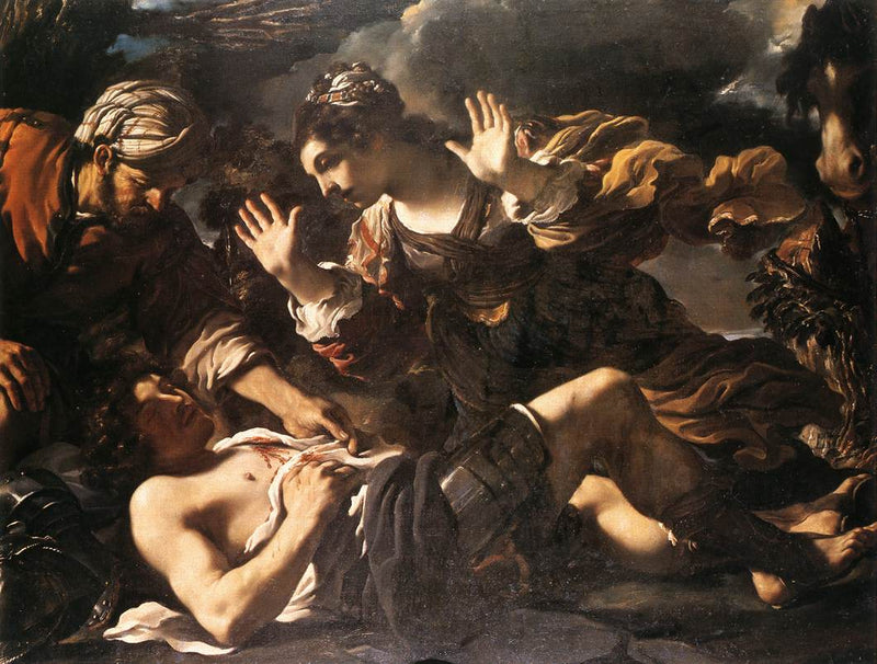 Erminia znajduje rannego Tancrède - Guercino