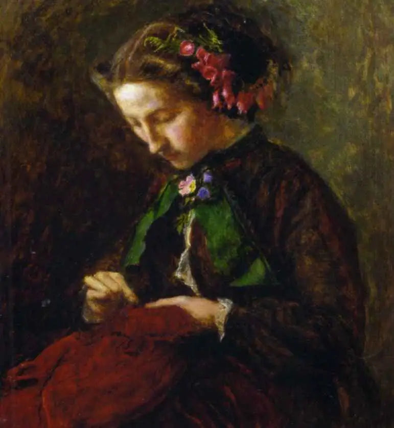 Euphemia „Effie” Chalmers Gray, Mme John Ruskin (1828-1898), później Lady Millais, z digitalisami we włosach (Digitalis) - John Everett Millais