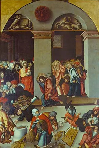 Wypędzenie wymieniaczy pieniędzy ze świątyni - Lucas Cranach Starszy
