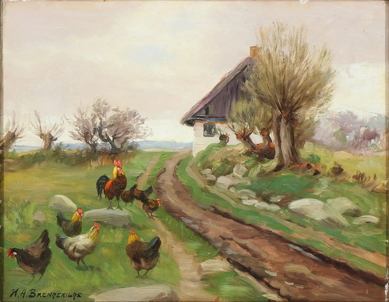 Fasada farmy z kurami - H. A. Brendekilde