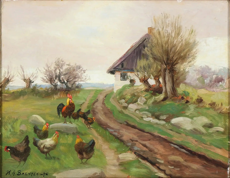 Fasada farmy z kurami - H. A. Brendekilde