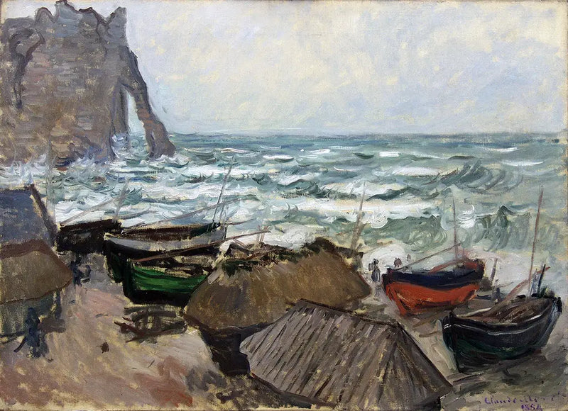 Klify i łodzie w Étretat - Claude Monet