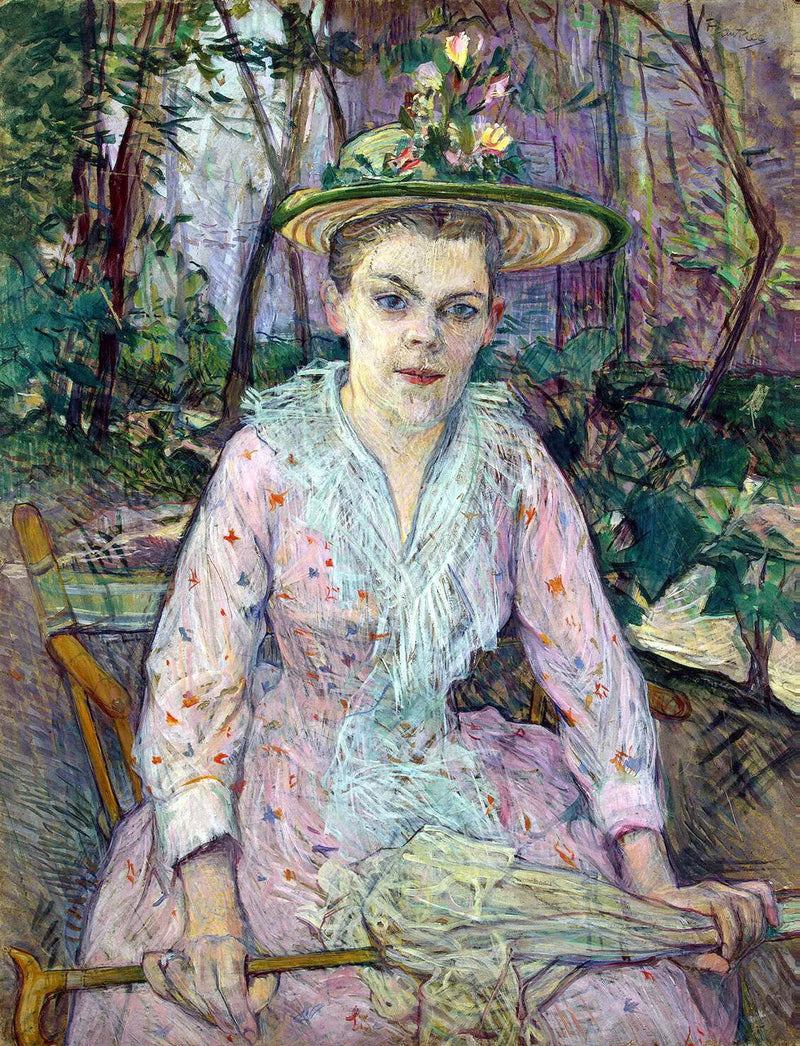 Kobieta z parasolką, zwana Berthe la Sourde, siedząca w ogrodzie pana Foresta - Henri de Toulouse-Lautrec