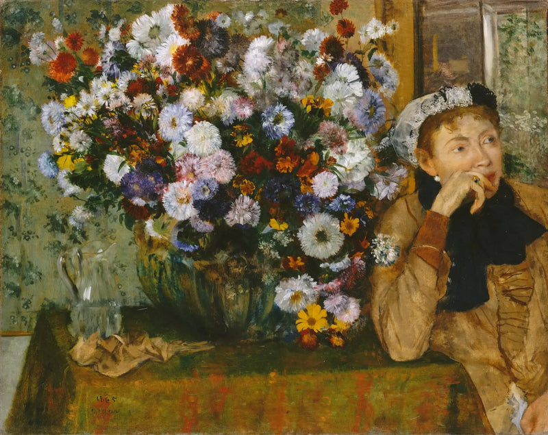 Kobieta siedząca obok wazonu z kwiatami - Edgar Degas
