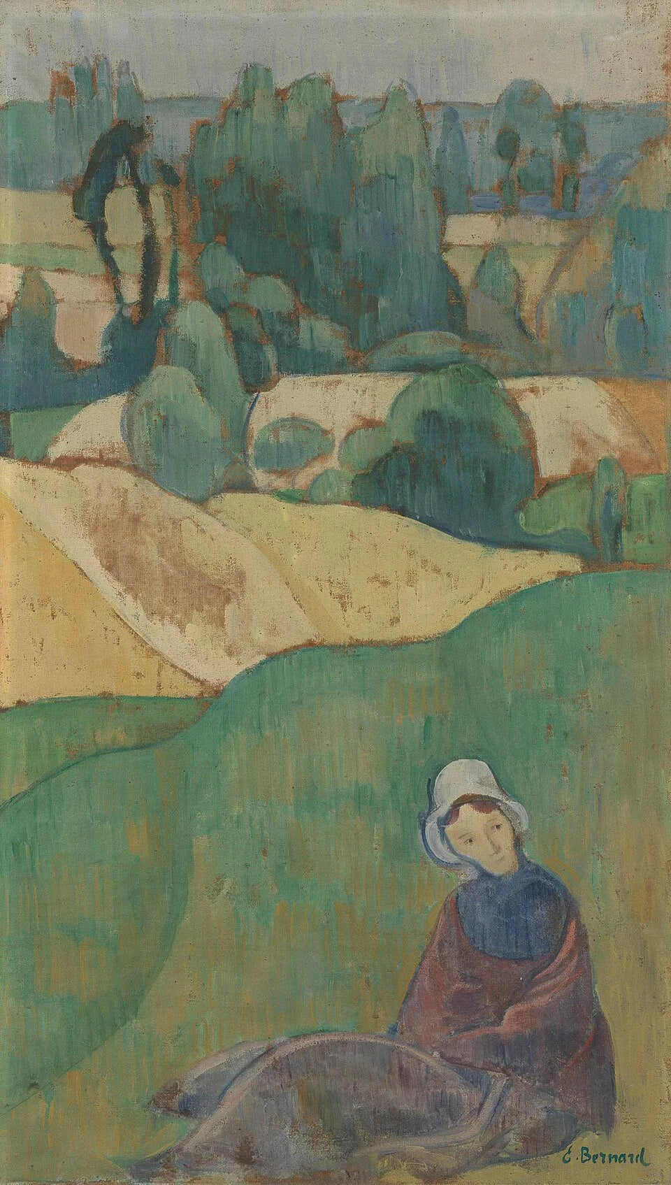 Femme assise dans un champ : Bretagne - Émile Bernard image 1 reproduction de peinture à l’huile