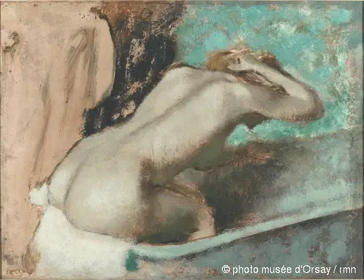 Kobieta siedząca na krawędzi wanny i osuszająca szyję - Edgar Degas