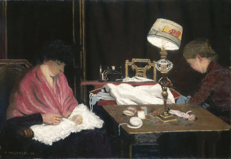Kobieta, różowy szal, kuzyn przy lampie - Félix Vallotton