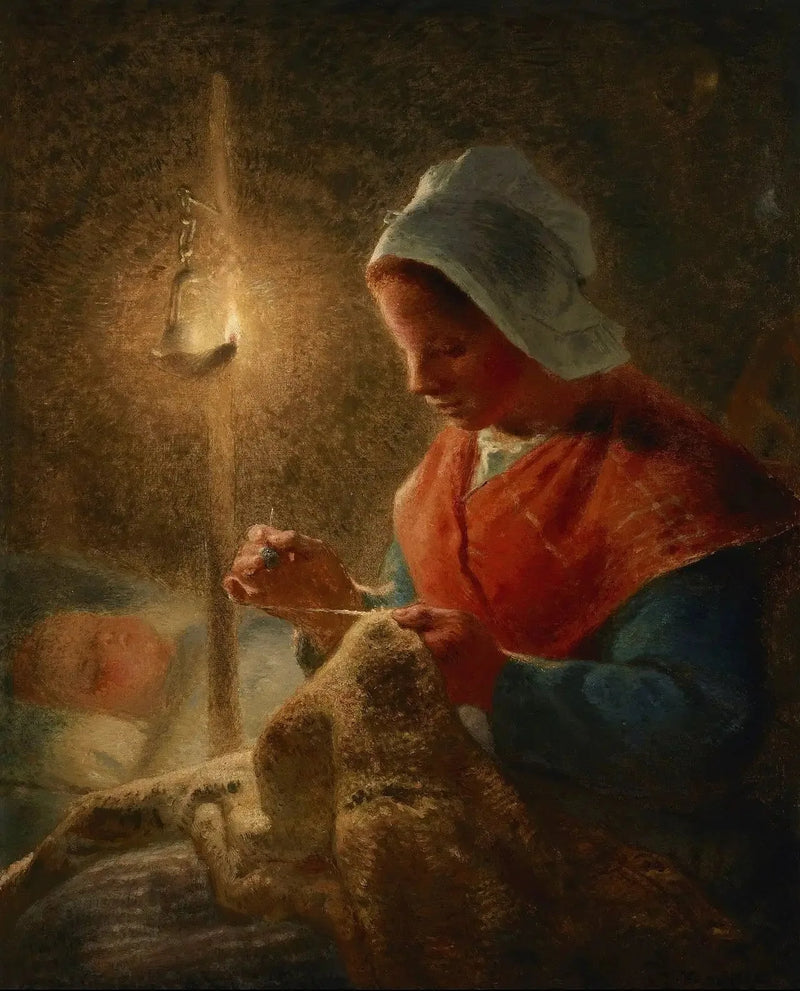 Kobieta szyje przy świetle lampy - Jean-François Millet