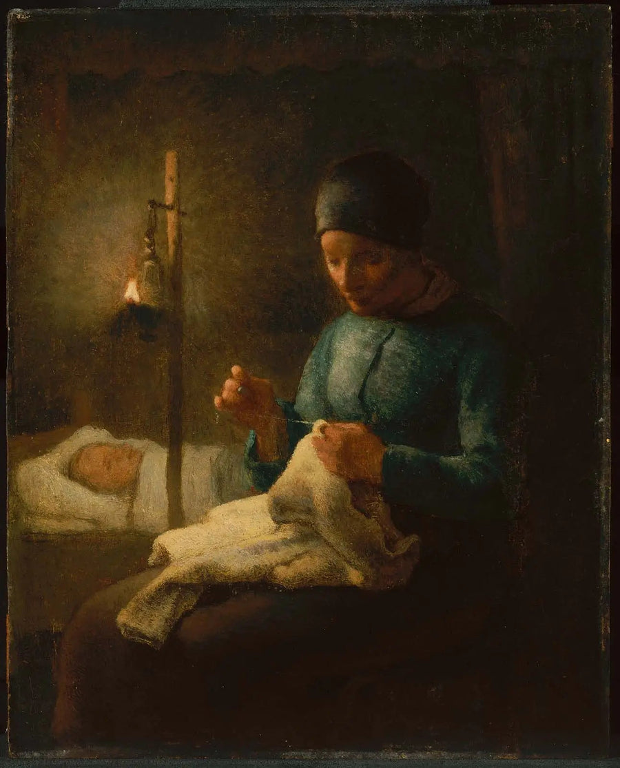 Kobieta szyjąca obok śpiącego dziecka - Jean-François Millet