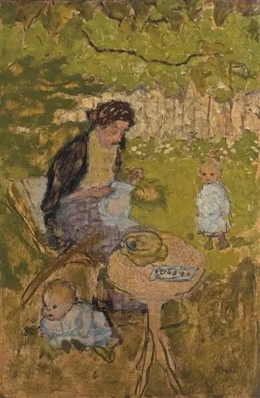 Kobieta szyjąca w ogrodzie (z dziećmi) - Pierre Bonnard
