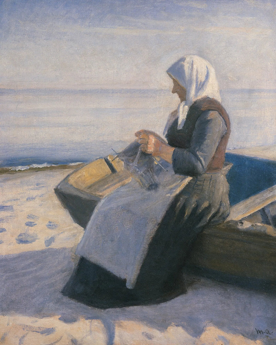 Kobieta rybaka dziergająca na plaży w Skagen - Michael Peter Ancher