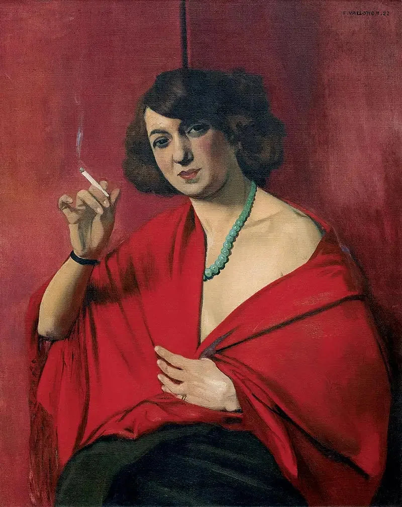 Kobieta owinięta w czerwone, trzymająca papierosa - Félix Vallotton