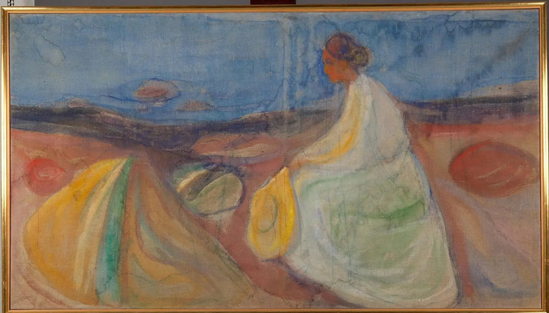 Kobieta w białym siedząca na plaży - Edvard Munch