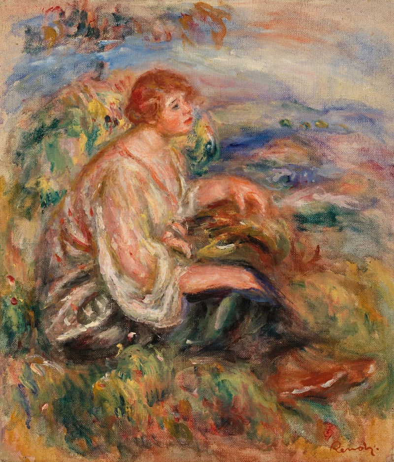 Kobieta w bluzce z tiulu i czarnej spódnicy w krajobrazie - Pierre-Auguste Renoir