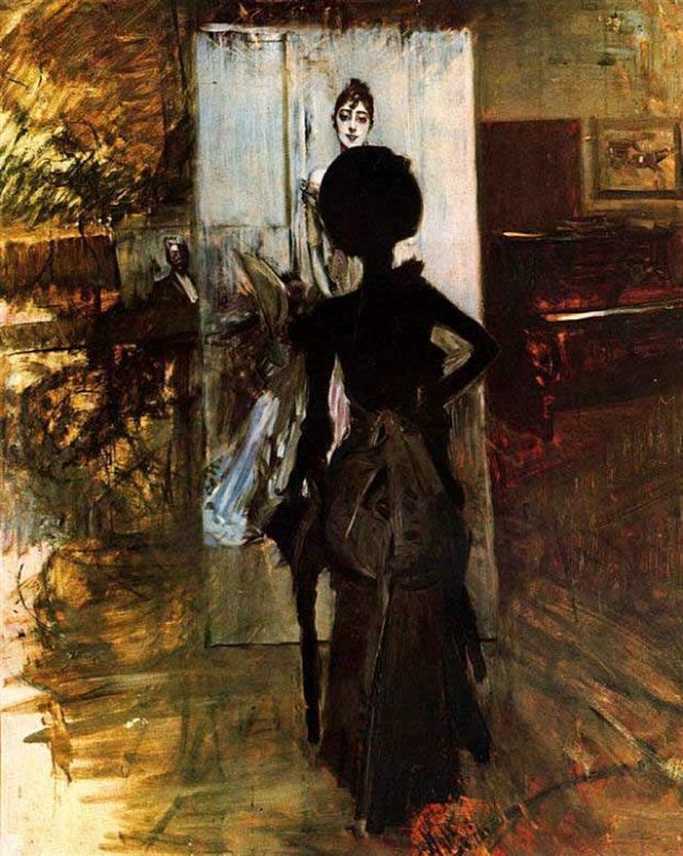 Kobieta w czerni obserwująca „Pastel blanc” - Giovanni Boldini