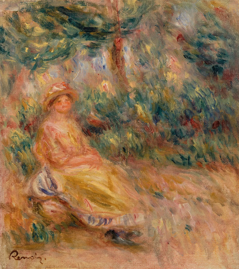 Kobieta w różu i żółci w krajobrazie - Pierre-Auguste Renoir
