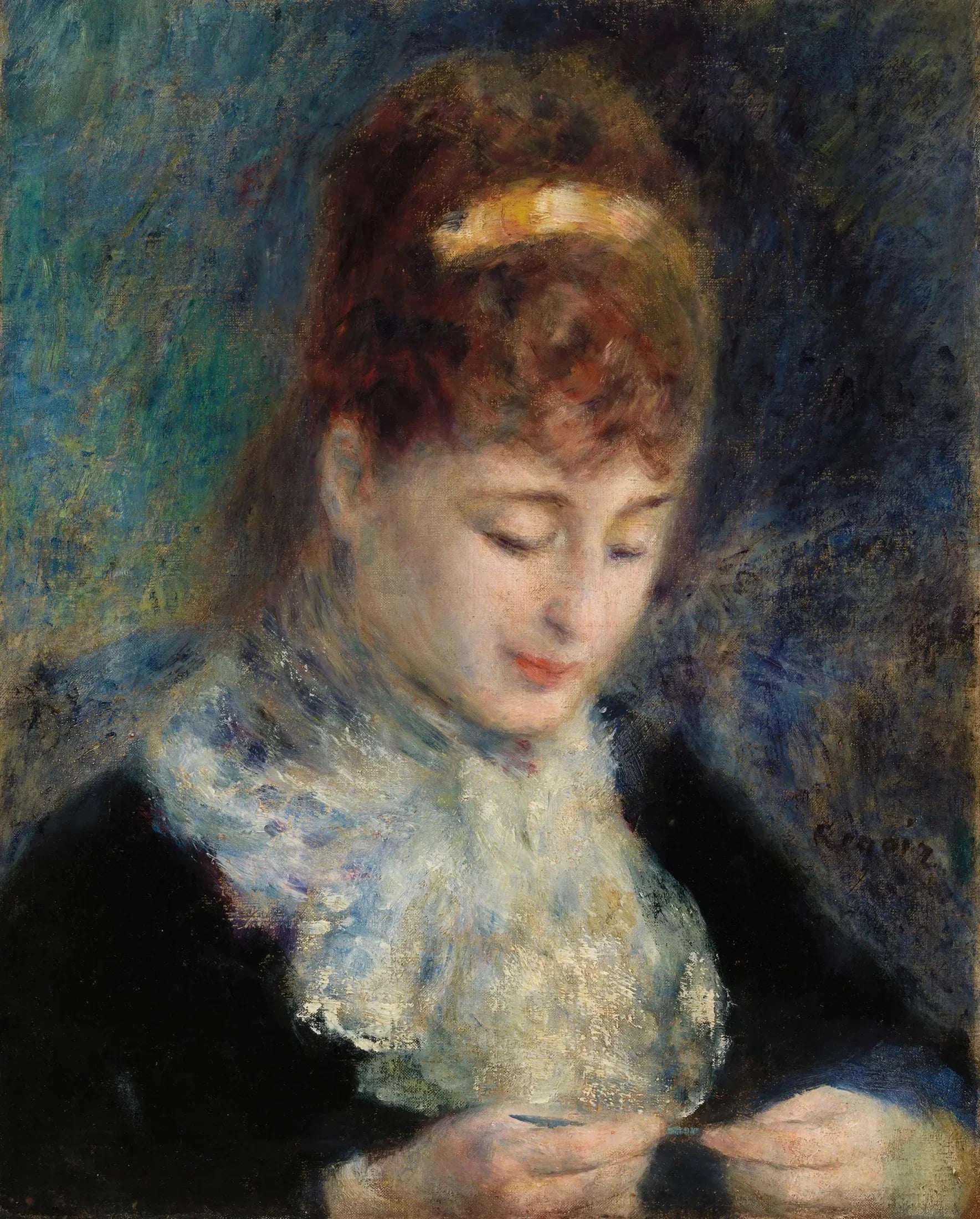 Femme faisant du crochet - Pierre-Auguste Renoir image 1 tableau peint à l’huile sur toile
