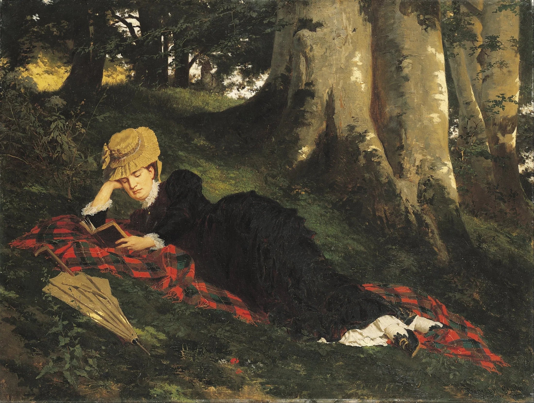 Femme lisant dans une forêt - Gyula Benczúr image 1 reproduction de peinture à l’huile