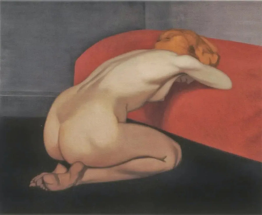 Nagą kobieta klęcząca przed czerwonym kanapą - Félix Vallotton