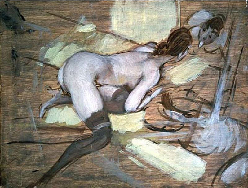 Nagą kobietę leżącą na żółtych poduszkach - Giovanni Boldini