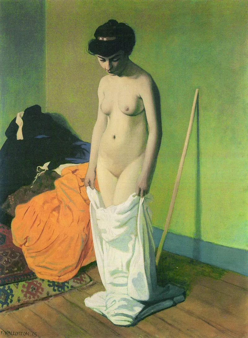 Nagą kobieta stojąca, trzymająca swoją koszulę obiema rękami - Félix Vallotton