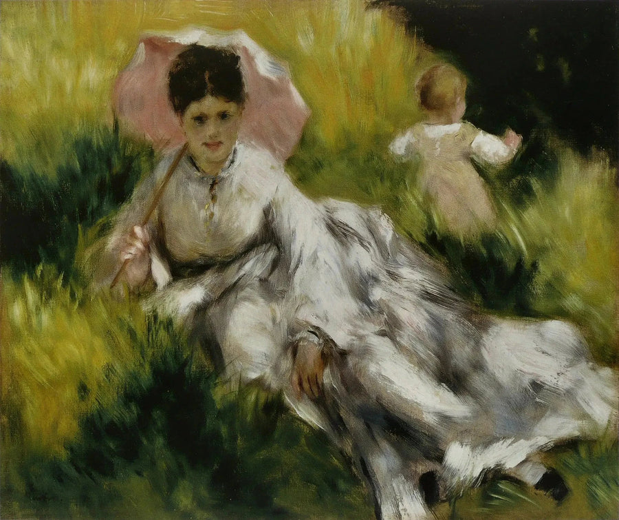 Kobieta z parasolem i małym dzieckiem na słonecznym wzgórzu - Pierre-Auguste Renoir