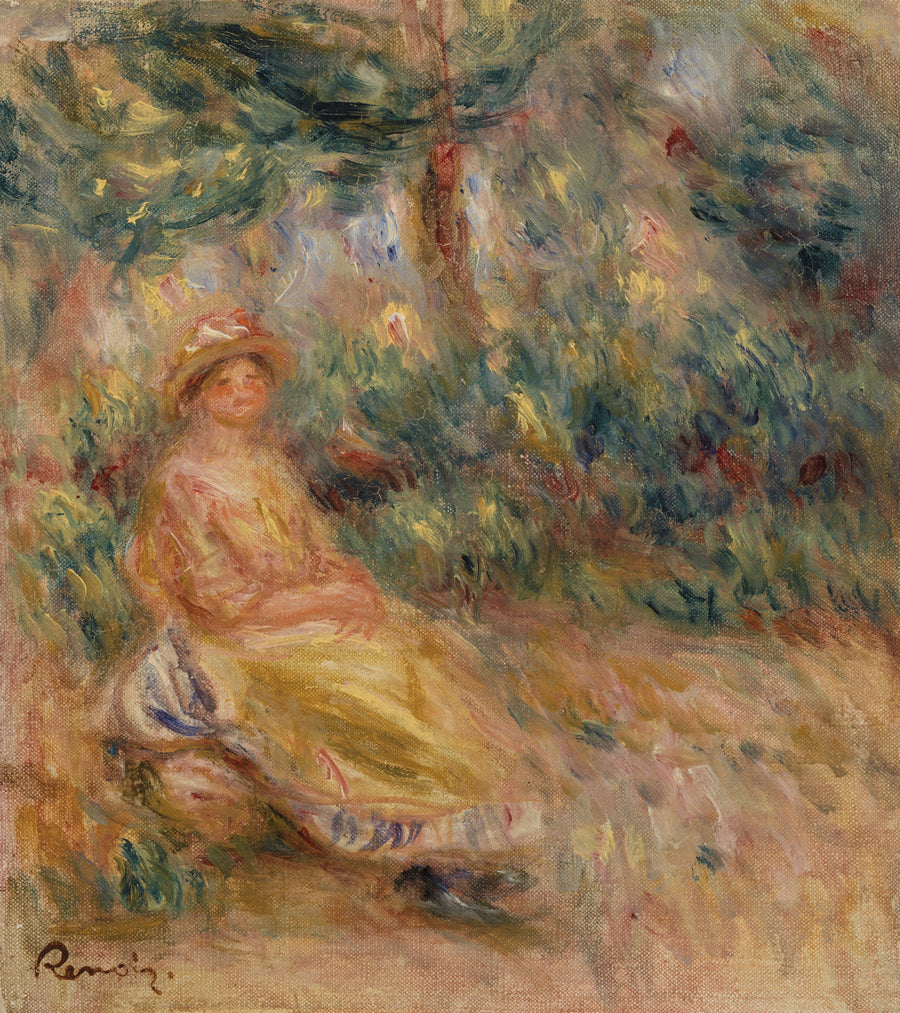 Kobieta w różu i żółci w krajobrazie - Pierre-Auguste Renoir