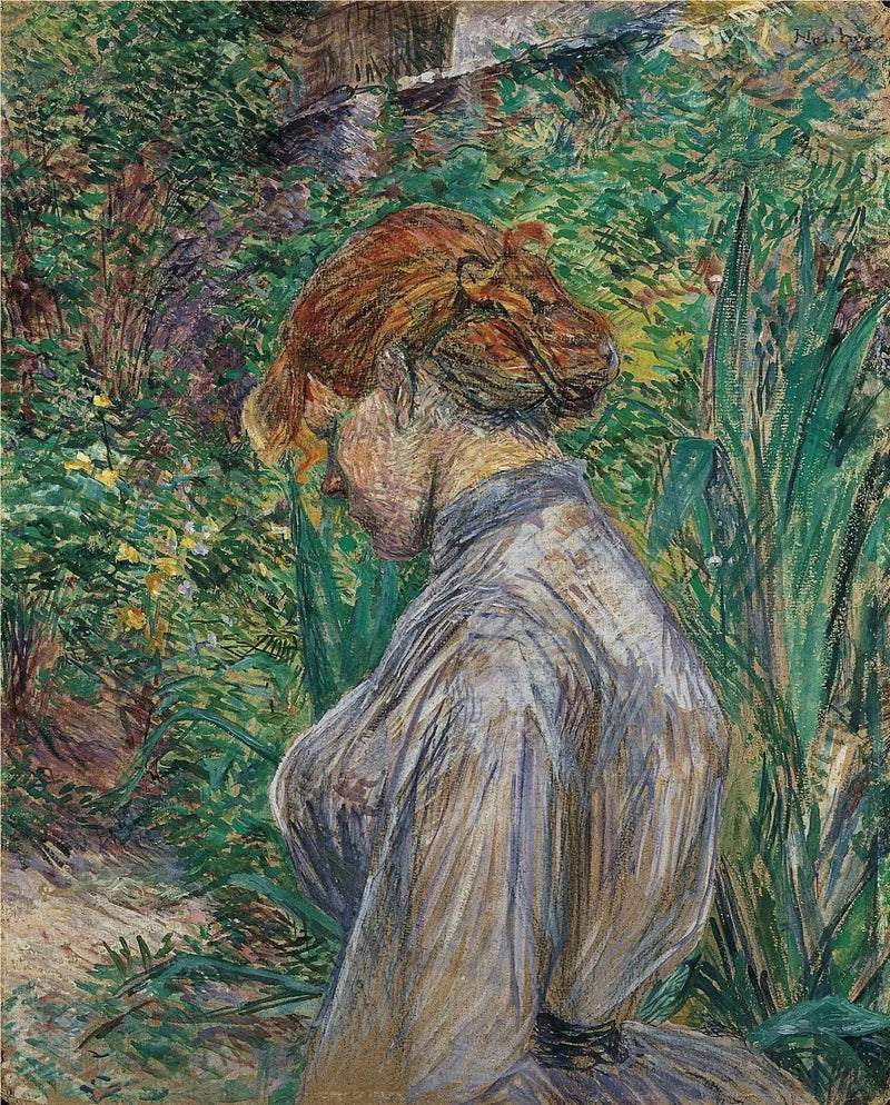 Ruda kobieta siedząca w ogrodzie pana Forest - Henri de Toulouse-Lautrec