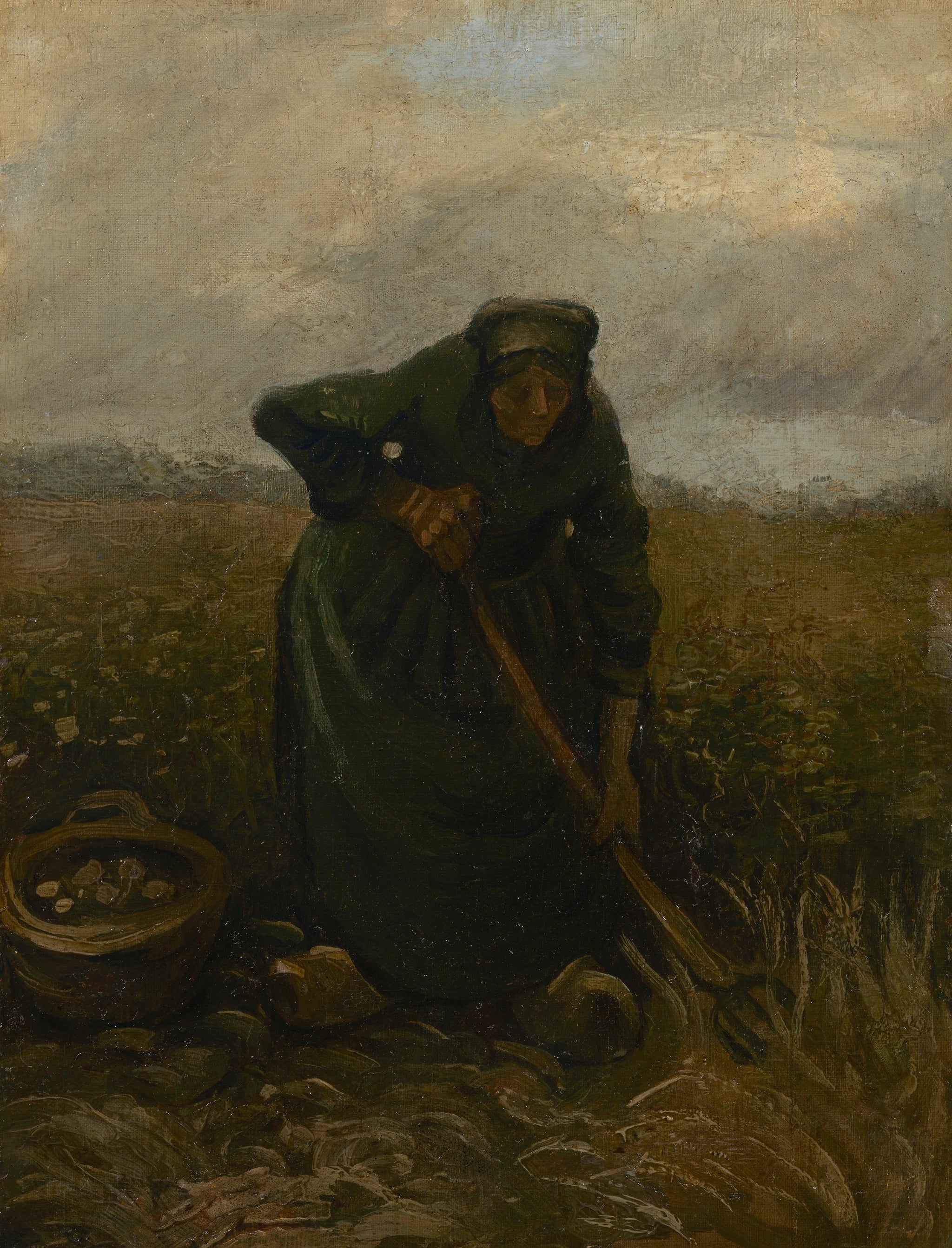 Femme soulevant des pommes de terre F147 — paysanne maniant une fourche dans un champ peinte par Vincent van Gogh