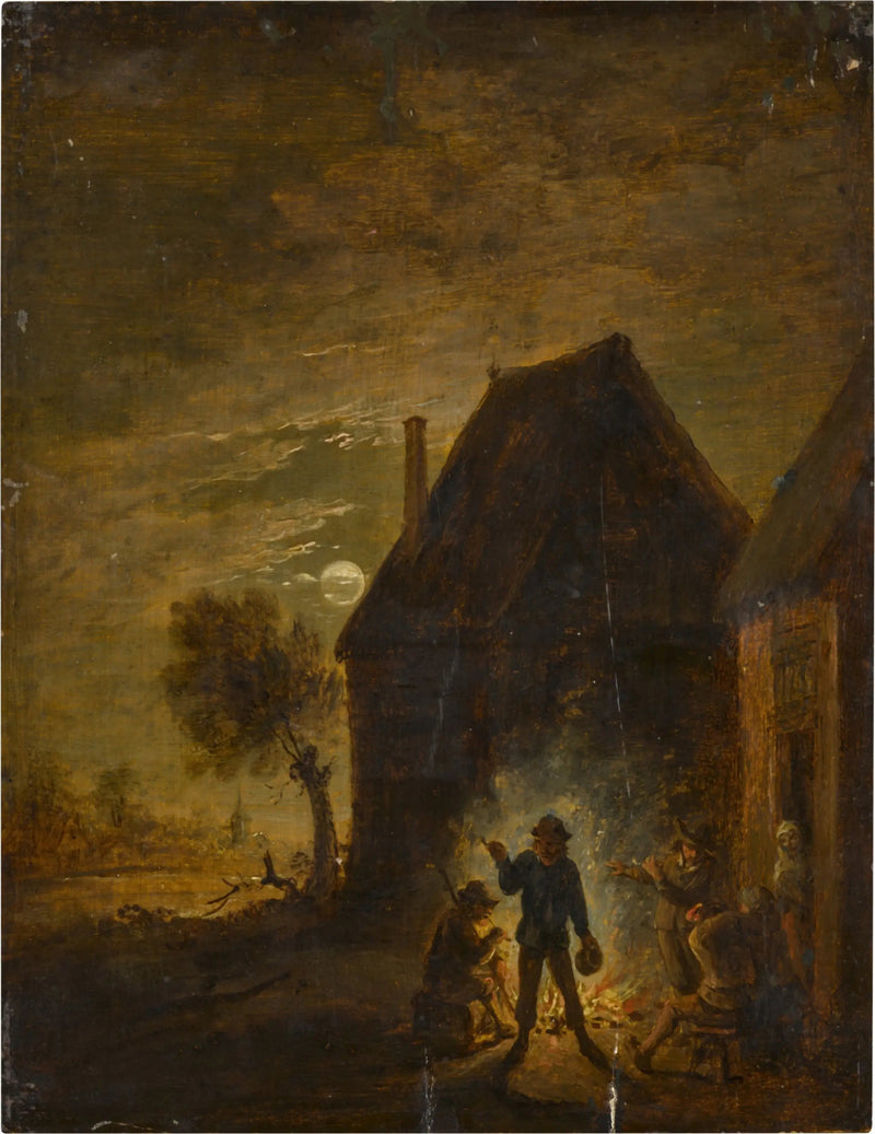Farma w świetle księżyca z postaciami wokół ogniska - David Teniers Młodszy