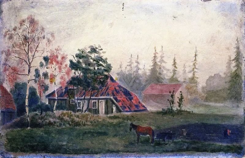Stajnia z koniem i wozem przed budynkami - Edvard Munch