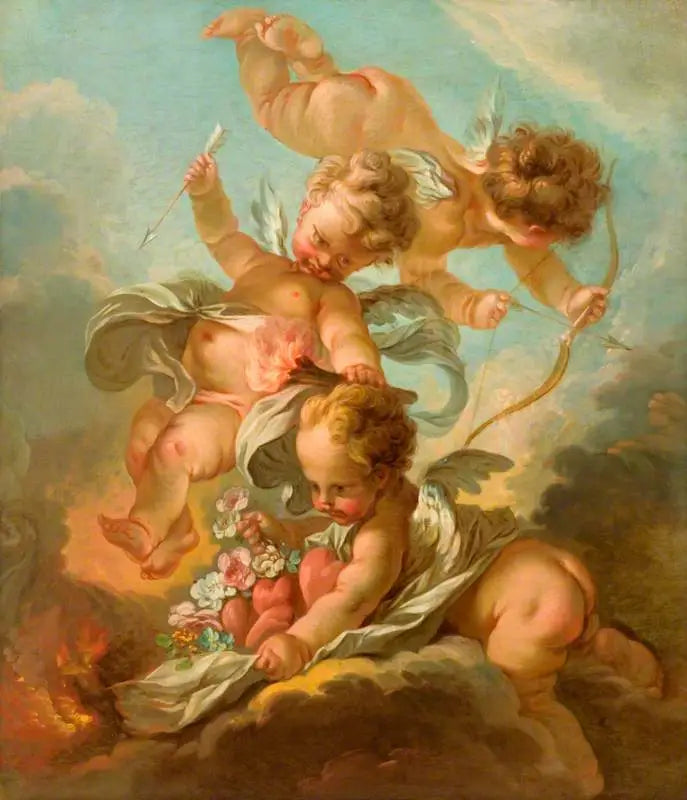Feu: Trois putti tenant un arc et une flèche une torche allumée et un manteau contenant des cœurs et des fleurs