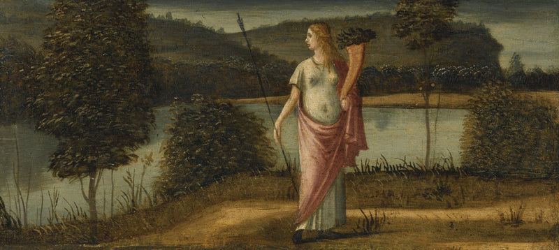Figurka alegoryczna kobiety w krajobrazie trzymająca włócznię i rogi obfitości - Vittore Carpaccio