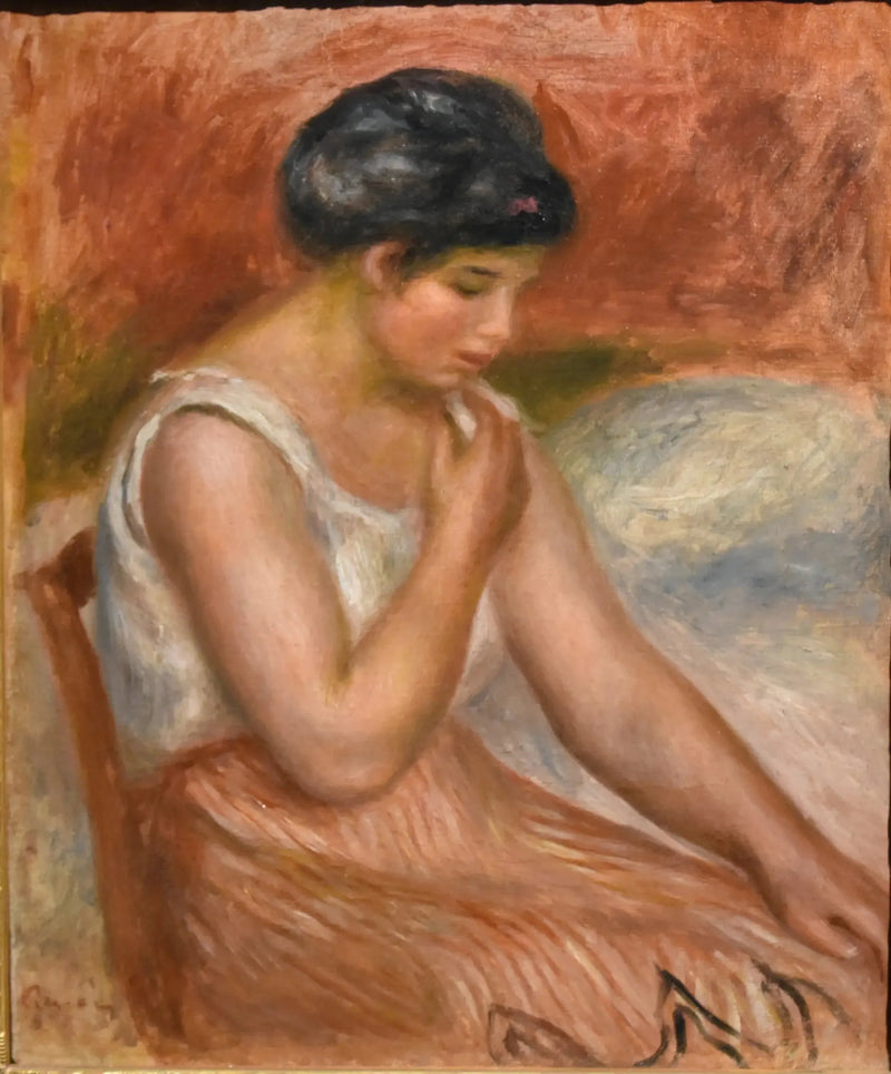 Dziewczyna siedząca w paskowanej spódnicy - Pierre-Auguste Renoir