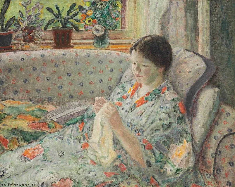 Dziewczyna szyjąca (suknię chińską) - Frederick Carl Frieseke