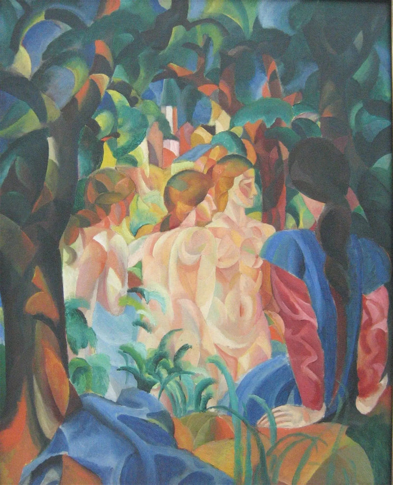 Dziewczęta kąpiące się z miastem w tle - August Macke