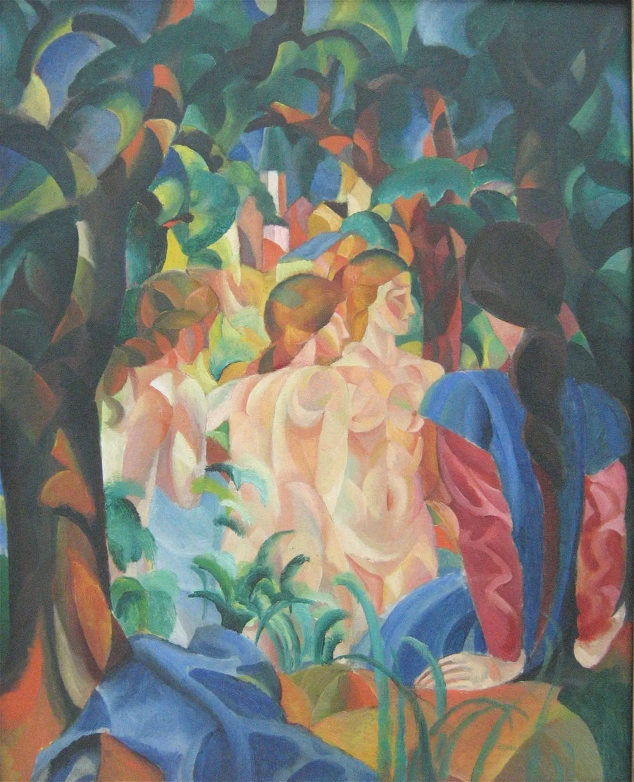 Dziewczęta kąpiące się z miastem w tle - August Macke