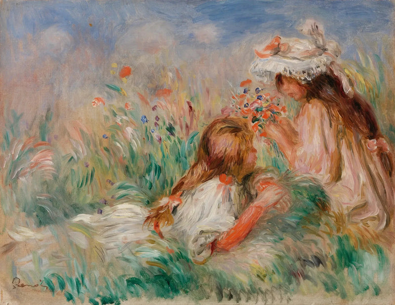 Dziewczynka leżąca na trawie i młoda dziewczyna układająca bukiet - Pierre-Auguste Renoir
