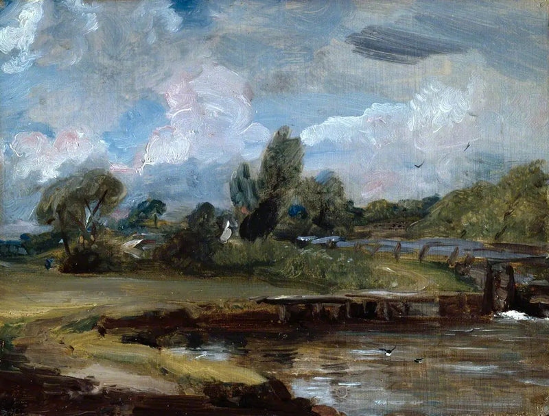 Flatford Lock, ścieżka nad brzegiem rzeki - John Constable