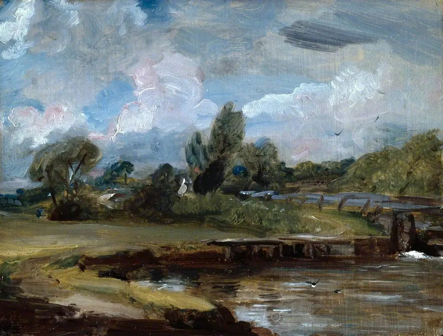Flatford Lock, ścieżka nad brzegiem rzeki - John Constable