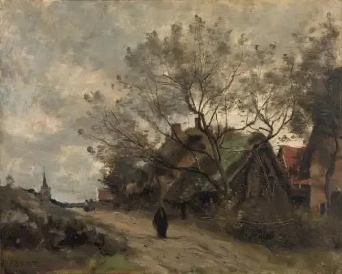 Flesselles. Chata widziana przez drzewa przy drodze - Jean-Baptiste Camille Corot