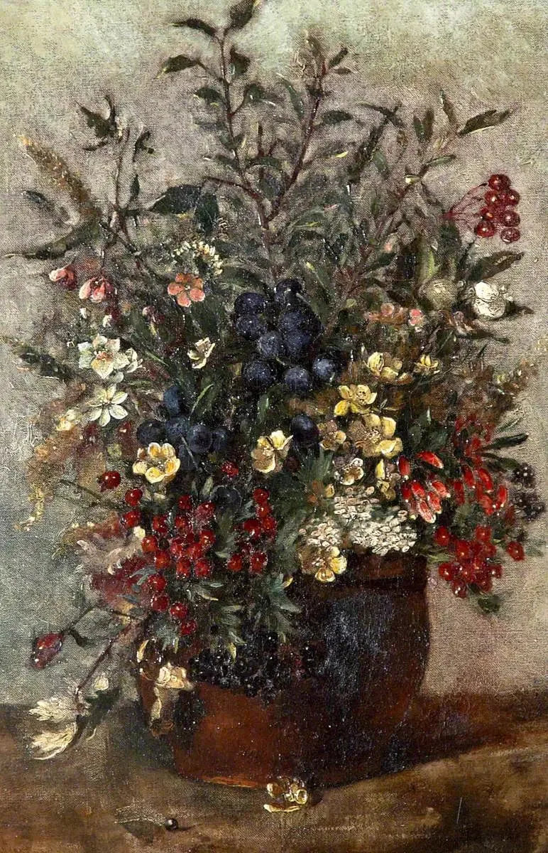 Kwiaty polne i jagody w brązowym garnku - John Constable