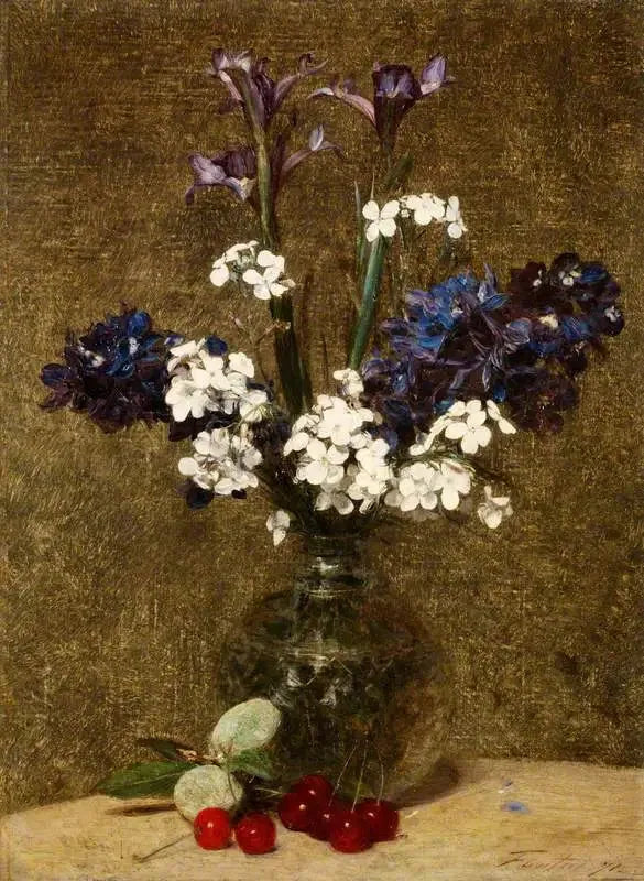 Kwiaty: irysy i jaskry, z wiśniami i migdałami na stole - Henri Fantin-Latour