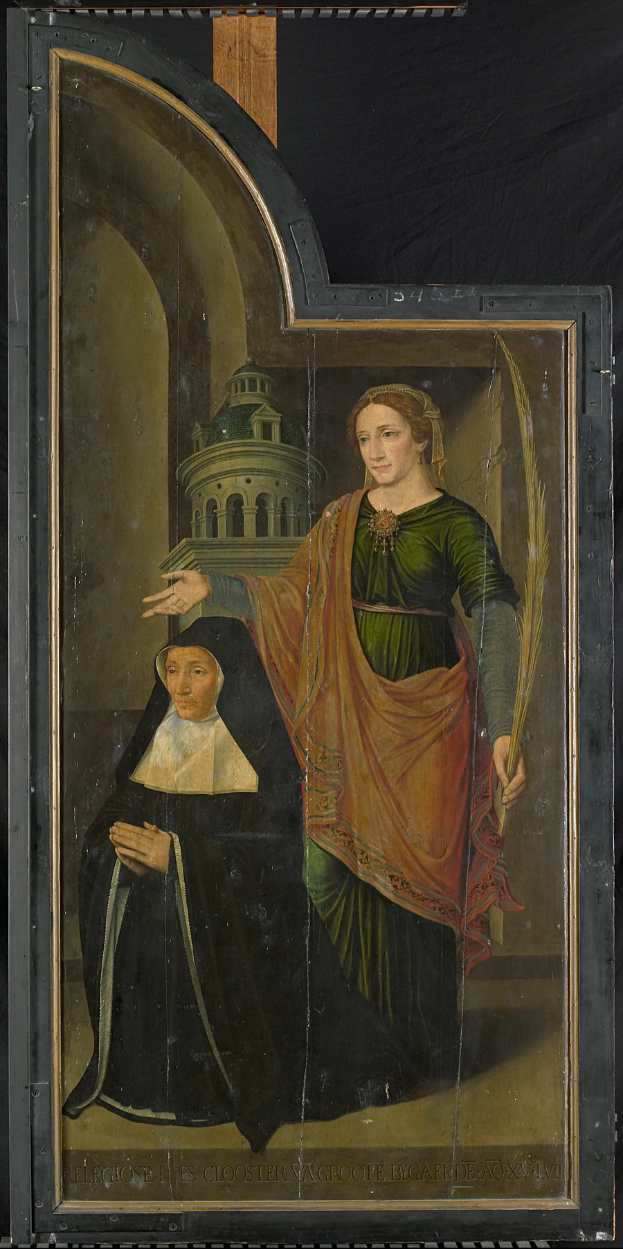 La fondatrice agenouillée Berbel ou Barbara van der Noot avec Sainte Barbara, panneau droit d'un triptyque (fermé) - Hans van Coninxloo (I)