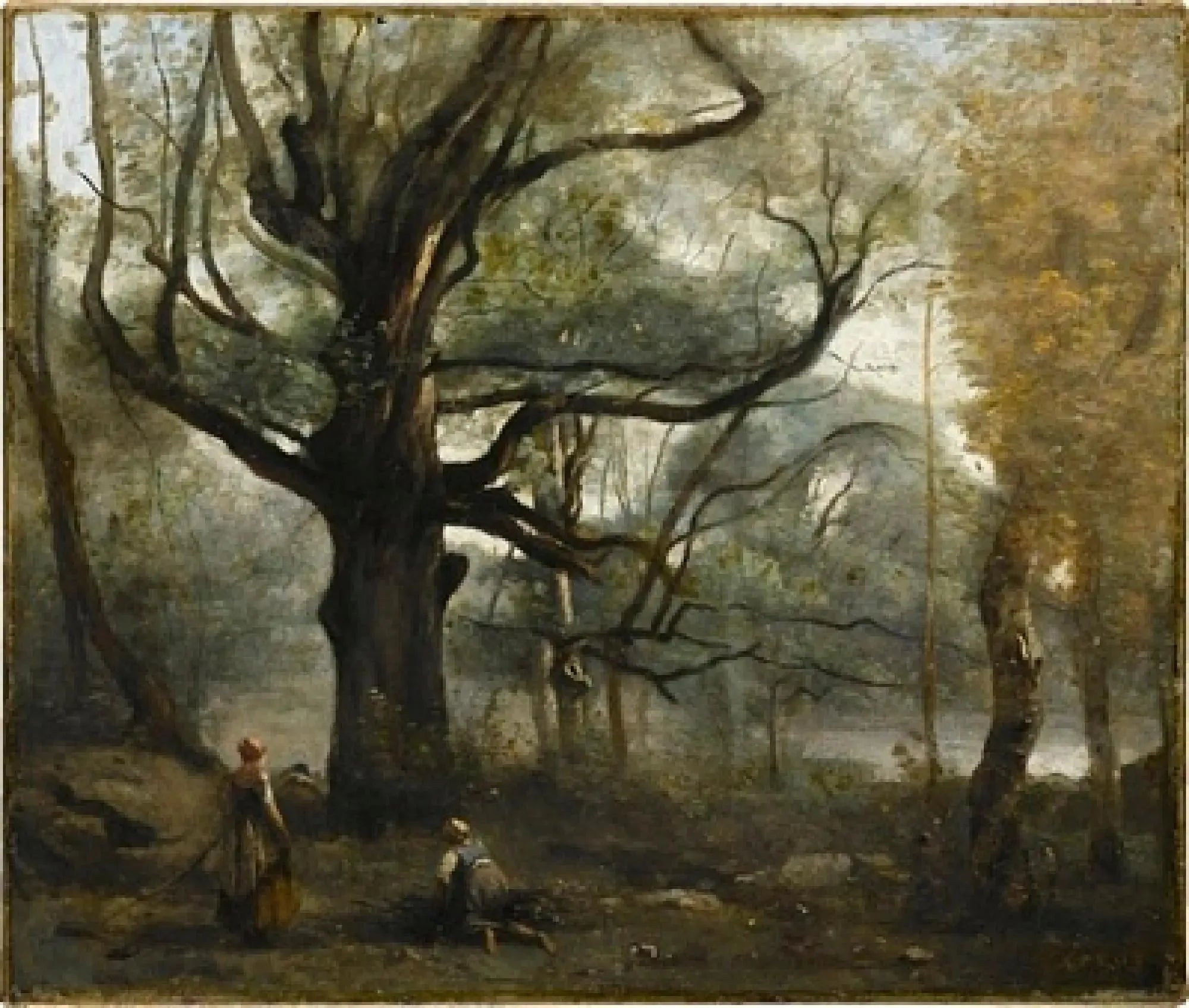 Fontainebleau. Bûcheronnes au pied d'un gros chêne - Jean-Baptiste Camille Corot image 1 reproduction artisanale de tableau