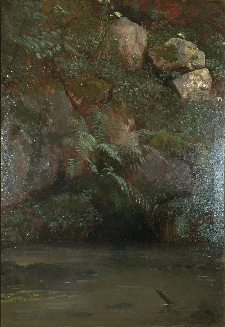 Porosły mchy i skały na nasypie - Albert Bierstadt