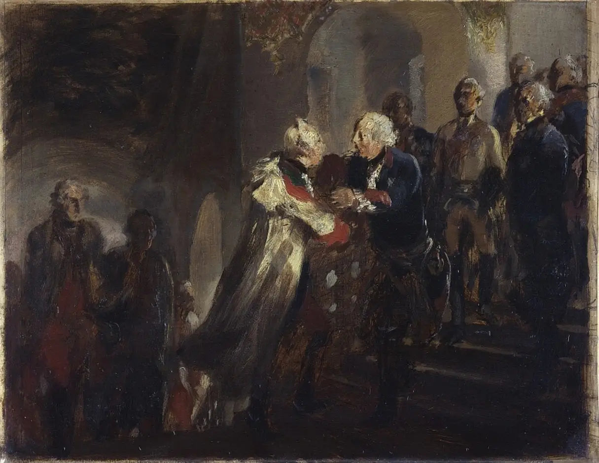Frédéric le Grand et l'empereur Joseph II se rencontrent à Neisse en 1769 (Croquis) - Adolph von Menzel image 1 reproduction de peinture à l’huile