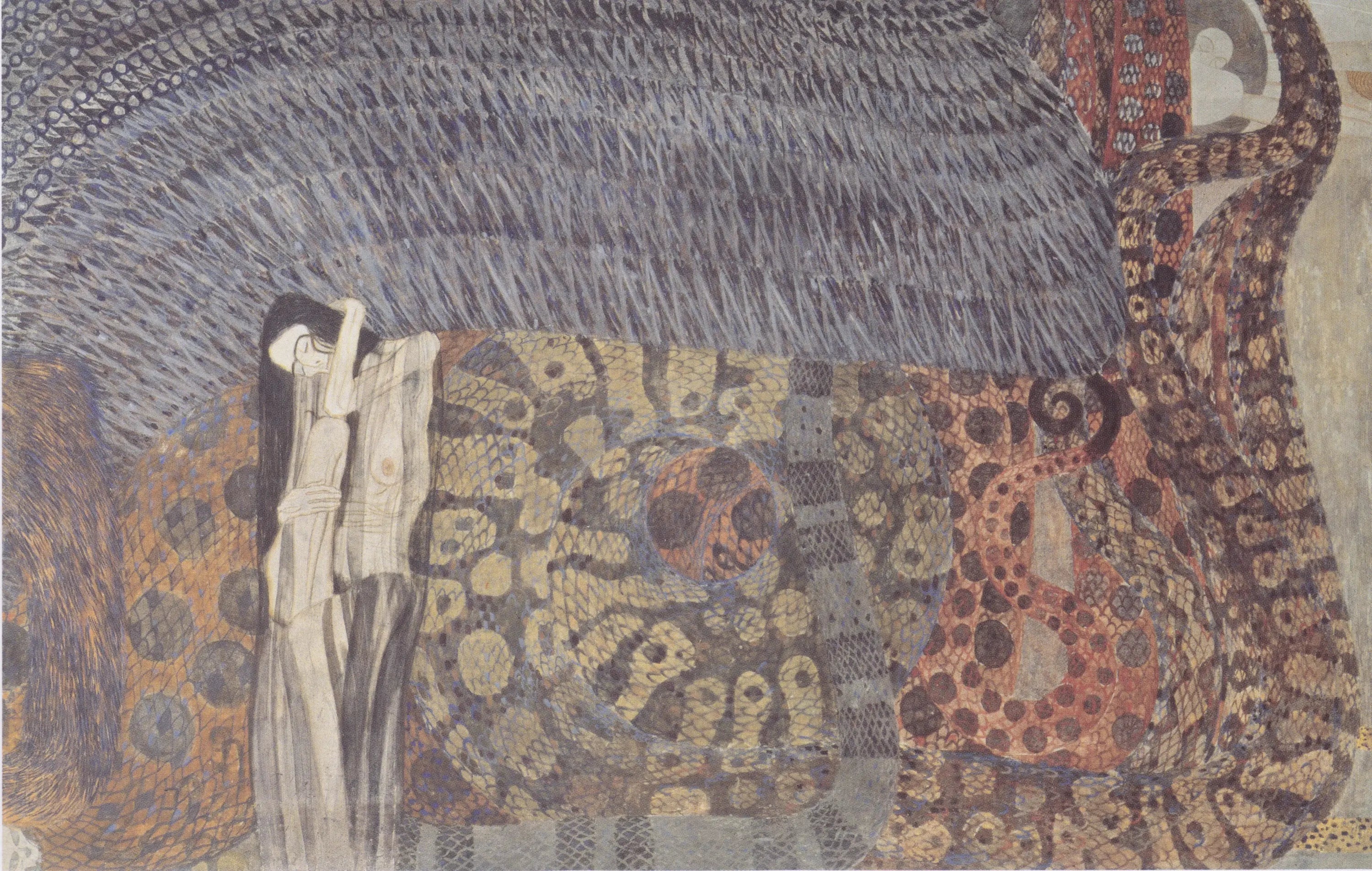 Reproduction du tableau « Frise Beethoven (planche 6, mur central) : Les puissances hostiles - Gustav Klimt » par Alpha Reproduction en peinture à l’huile