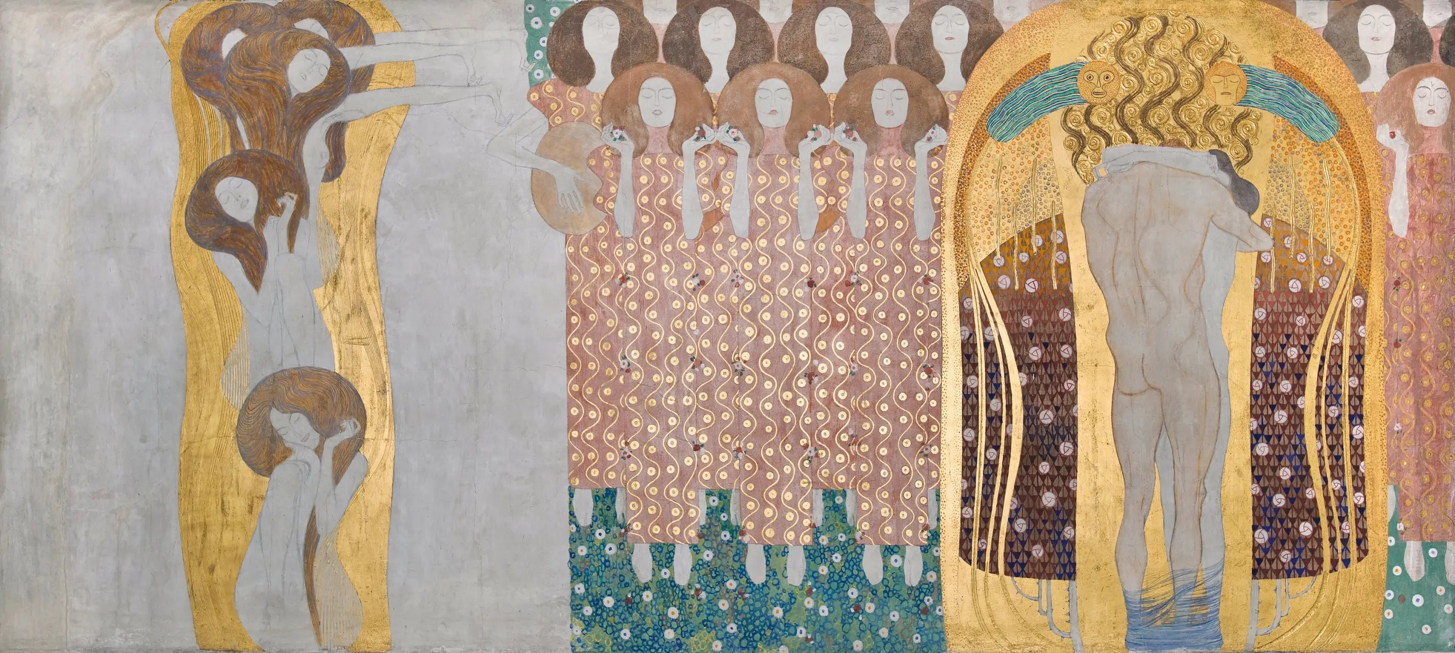 Reproduction du tableau « Frise Beethoven (planche 8, mur de droite) : Le désir de bonheur est apaisé par la poésie - Gustav Klimt » par Alpha Reproduction en peinture à l’huile